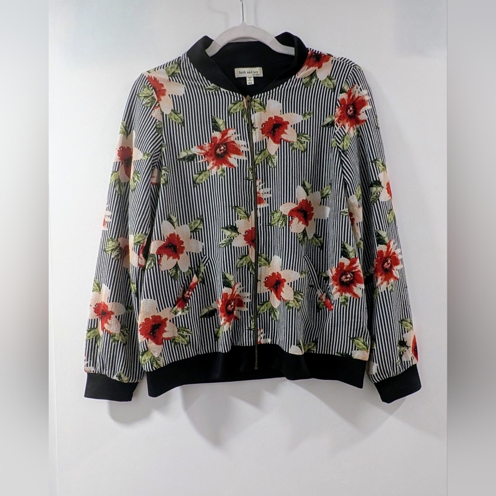 Faith and Joy Black and White Bomber Jacket with Floral Design